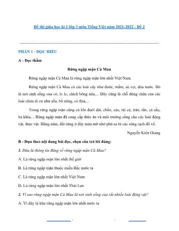 Đề thi giữa học kì 1 Tiếng Việt Lớp 3 - Đề 2 - Năm học 2021-2022