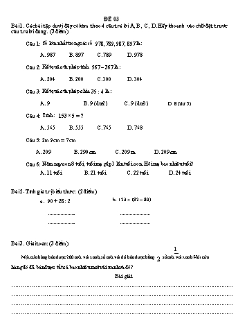 Đề thi học kì 1 Toán Lớp 3 - Đề 03 (Có đáp án)