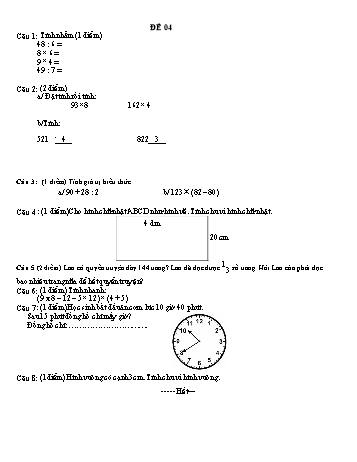 Đề thi học kì 1 Toán Lớp 3 - Đề 04 (Có đáp án)