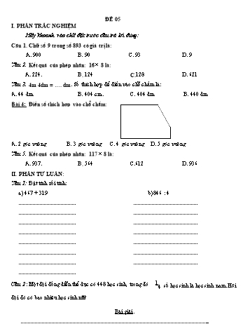 Đề thi học kì 1 Toán Lớp 3 - Đề 05 (Có đáp án)