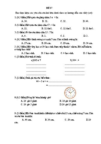 Đề thi học kì 1 Toán Lớp 3 - Đề 07 (Có đáp án)