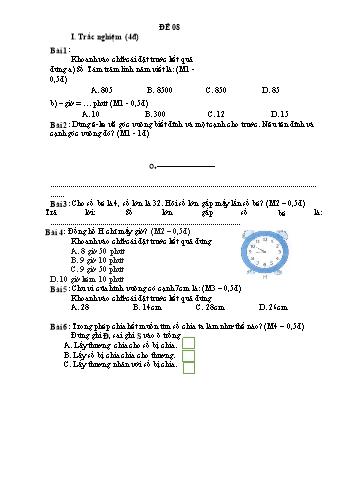 Đề thi học kì 1 Toán Lớp 3 - Đề 08 (Có đáp án)