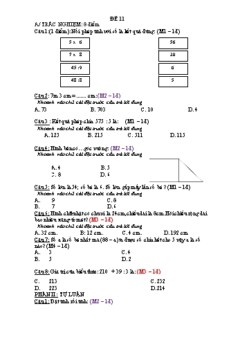 Đề thi học kì 1 Toán Lớp 3 - Đề 11 (Có đáp án)