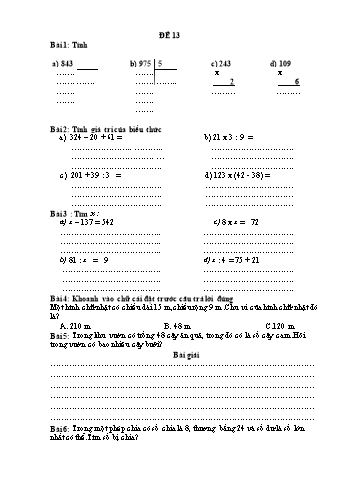 Đề thi học kì 1 Toán Lớp 3 - Đề 13 (Có đáp án)