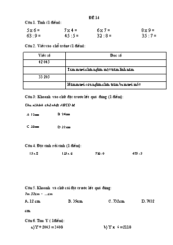 Đề thi học kì 1 Toán Lớp 3 - Đề 14 (Có đáp án)