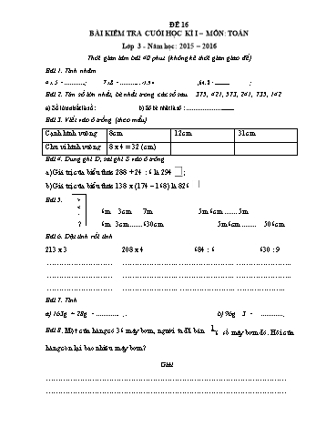 Đề thi học kì 1 Toán Lớp 3 - Đề 16 (Có đáp án)