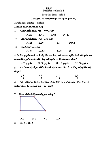 Đề thi học kì 1 Toán Lớp 3 - Đề 17 (Có đáp án)