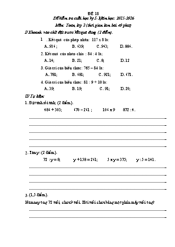 Đề thi học kì 1 Toán Lớp 3 - Đề 18 (Có đáp án)