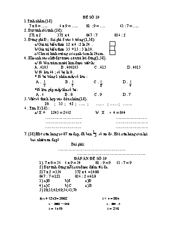 Đề thi học kì 1 Toán Lớp 3 - Đề 19 (Có đáp án)