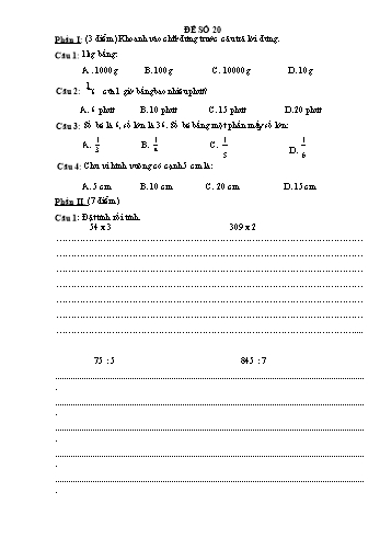 Đề thi học kì 1 Toán Lớp 3 - Đề 20 (Có đáp án)