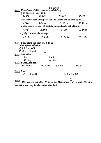 Đề thi học kì 1 Toán Lớp 3 - Đề 23 (Có đáp án)