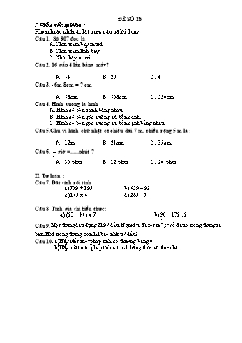 Đề thi học kì 1 Toán Lớp 3 - Đề 26 (Có đáp án)