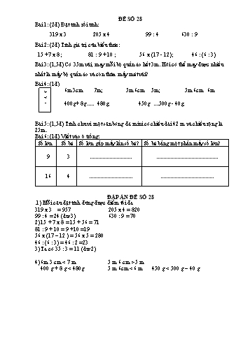Đề thi học kì 1 Toán Lớp 3 - Đề 28 (Có đáp án)