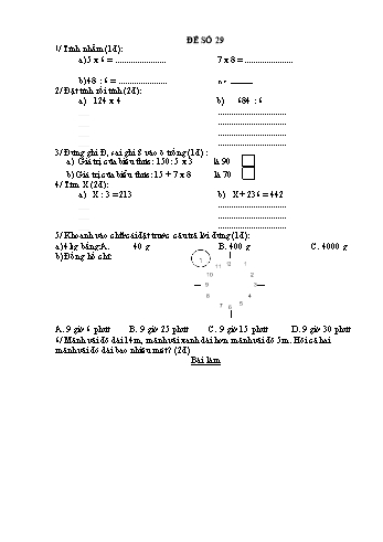 Đề thi học kì 1 Toán Lớp 3 - Đề 29 (Có đáp án)