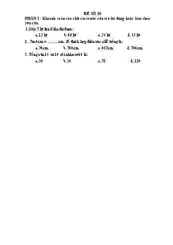 Đề thi học kì 1 Toán Lớp 3 - Đề 30 (Có đáp án)