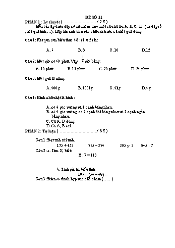 Đề thi học kì 1 Toán Lớp 3 - Đề 31 (Có đáp án)