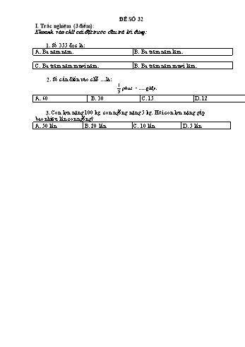 Đề thi học kì 1 Toán Lớp 3 - Đề 32 (Có đáp án)
