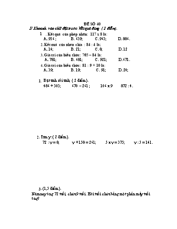 Đề thi học kì 1 Toán Lớp 3 - Đề 40 (Có đáp án)