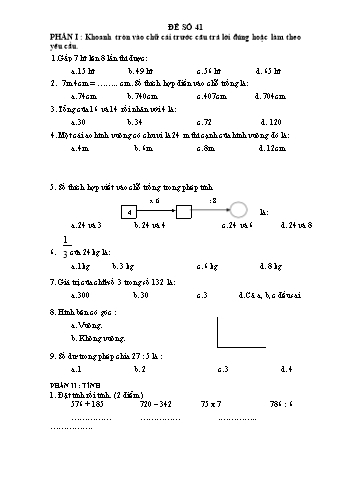 Đề thi học kì 1 Toán Lớp 3 - Đề 41 (Có đáp án)