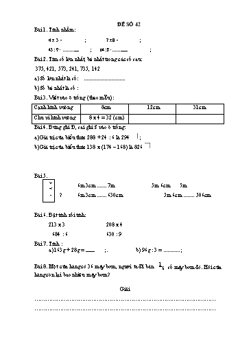 Đề thi học kì 1 Toán Lớp 3 - Đề 42 (Có đáp án)