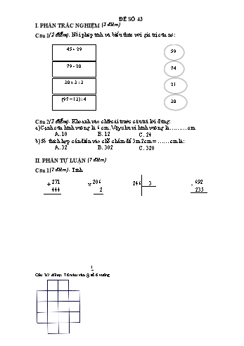 Đề thi học kì 1 Toán Lớp 3 - Đề 43 (Có đáp án)