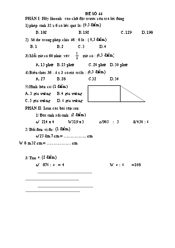 Đề thi học kì 1 Toán Lớp 3 - Đề 44 (Có đáp án)