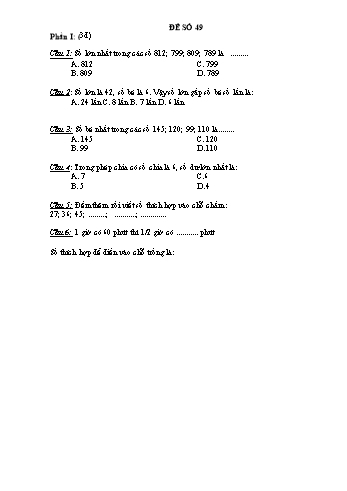 Đề thi học kì 1 Toán Lớp 3 - Đề 49 (Có đáp án)