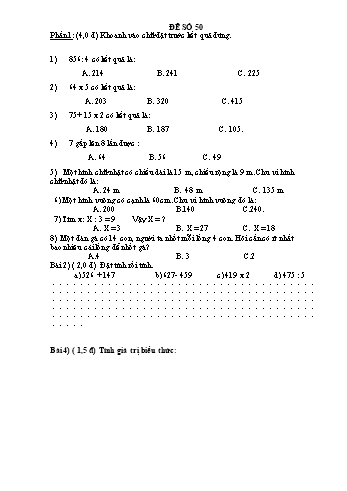 Đề thi học kì 1 Toán Lớp 3 - Đề 50 (Có đáp án)