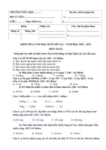 Kiểm tra cuối học kì 2 Toán Lớp 3 Sách Cánh diều - Năm học 2022-2023 (Có đáp án)