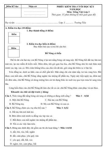 Phiếu kiểm tra cuối học kì 1 Tiếng Việt Lớp 3 theo thông tư 22 - Năm học 2021-2022 (Có hướng dẫn chấm)