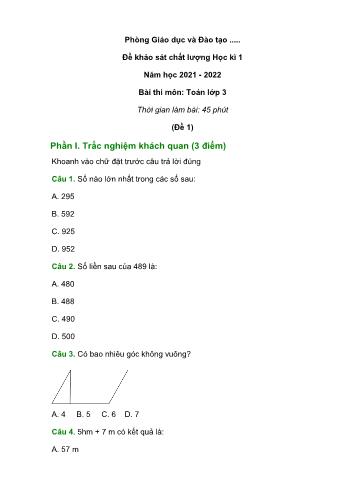 10 Đề khảo sát học kì 1 Toán Lớp 3 - Năm học 2021-2022 (Có đáp án và thang điểm)