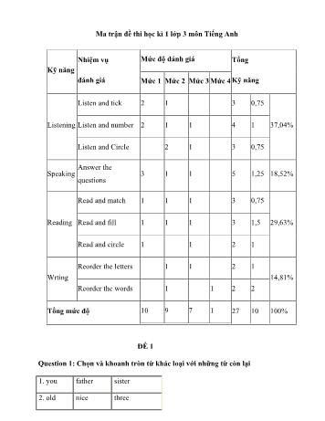 10 Đề thi học kì 1 Tiếng Anh Lớp 3 (Có ma trận và đáp án)