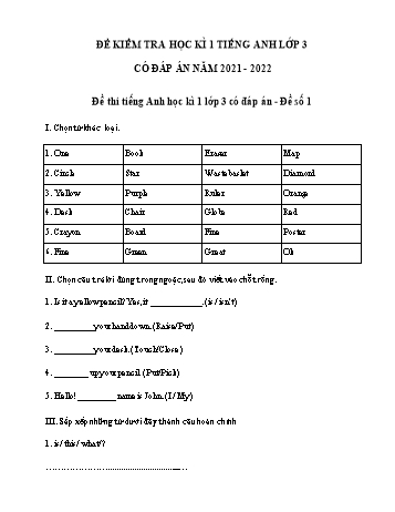 5 Đề kiểm tra học kì 1 Tiếng Anh Lớp 3 - Năm học 2021-2022 (Có đáp án)