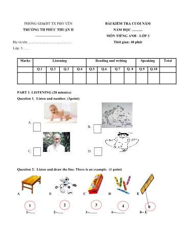 Bài kiểm tra cuối năm Tiếng Anh Lớp 3 - Trường Tiểu học Phúc Thuận 2 (Có đáp án và biểu điểm)