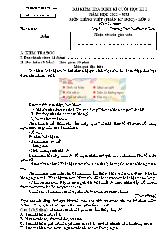 Bài kiểm tra định kì cuối học kì 1 Tiếng Việt Lớp 3 (Sách Kết nối tri thức) - Năm học 2022-2023 (Có đáp án)