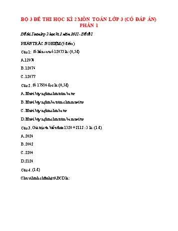 Bộ 3 đề thi học kì 2 Toán Lớp 3 (Phần 1) - Năm học 2021-2022 (Có đáp án)