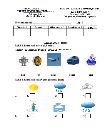 Đề kiểm tra chất lượng học kì 2 Tiếng Anh 3 - Đề 1 - Năm học 2021-2022