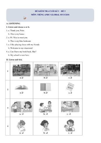 Đề kiểm tra cuối kì 1 Tiếng Anh Lớp 3 (Sách Global success) - Đề 3 (Có lời giải chi tiết)