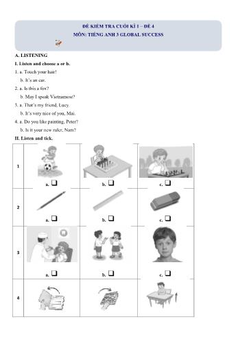 Đề kiểm tra cuối kì 1 Tiếng Anh Lớp 3 (Sách Global success) - Đề 4 (Có lời giải chi tiết)