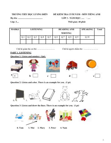 Đề kiểm tra cuối năm Tiếng Anh Lớp 3 - Trường Tiểu học Lương Điền (Có đáp án)