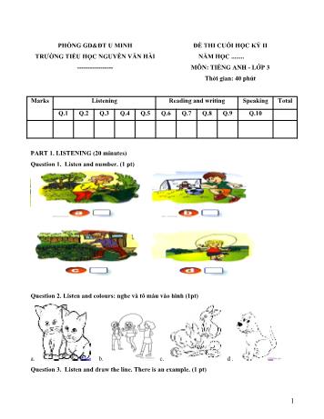 Đề thi cuối học kì 2 Tiếng Anh Lớp 3 - Trường Tiểu học Nguyễn Văn Hải (Có đáp án)