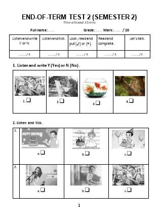 Đề thi học kì 1 Tiếng Anh Lớp 1 Sách Global success - Đề 2 (Có file nghe và đáp án)