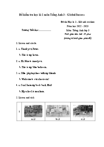 Đề thi học kì 1 Tiếng Anh Lớp 3 (Sách Kết nối tri thức Global success) - Đề 1 - Năm học 2022-2023 (Có đáp án)