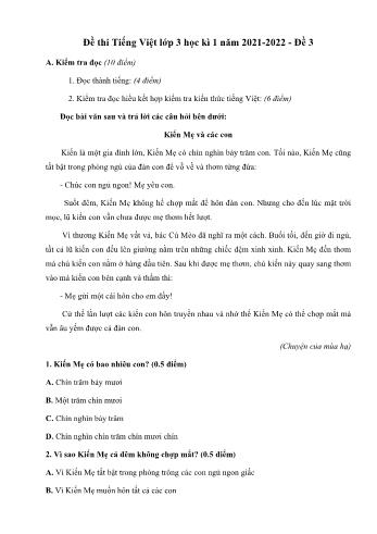 Đề thi học kì 1 Tiếng Việt Lớp 3 - Đề 3 - Năm học 2021-2022 (Có đáp án)