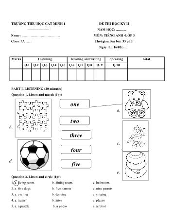 Đề thi học kì 2 Tiếng Anh Lớp 3 - Trường Tiểu học Cát Minh 1