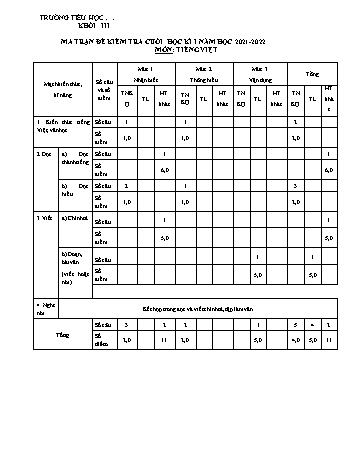 Kiểm tra cuối học kì 1 Tiếng Việt Lớp 3 - Đề 1 - Năm học 2021-2022 (Có ma trận và hướng dẫn chấm)