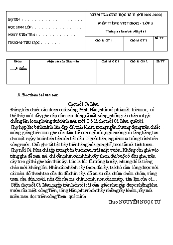 Kiểm tra cuối học kì 2 Tiếng Việt Lớp 3 (Sách Chân trời sáng tạo) - Năm học 2022-2023 (Có hướng dẫn chấm)