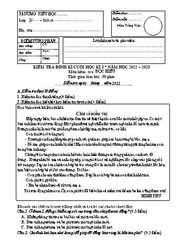 Kiểm tra định kì cuối học kì 1 Tiếng Việt Lớp 3 (Sách Cánh diều) - Năm học 2022-2023 (Có ma trận và hướng dẫn chấm)