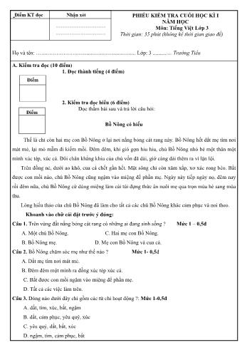 Phiếu kiểm tra cuối học kì 1 Tiếng Việt Lớp 3 theo thông tư 22 (Có hướng dẫn chấm)