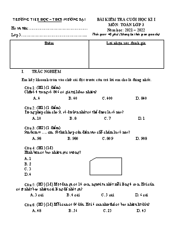 Bài kiểm tra cuối học kì I môn Toán Lớp 3 - Năm học 2021-2022 - Trường TH&THCS Mường Sại